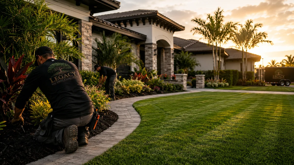 Crew planting a landscape bed along a paver walkway at a Gulf Coast home